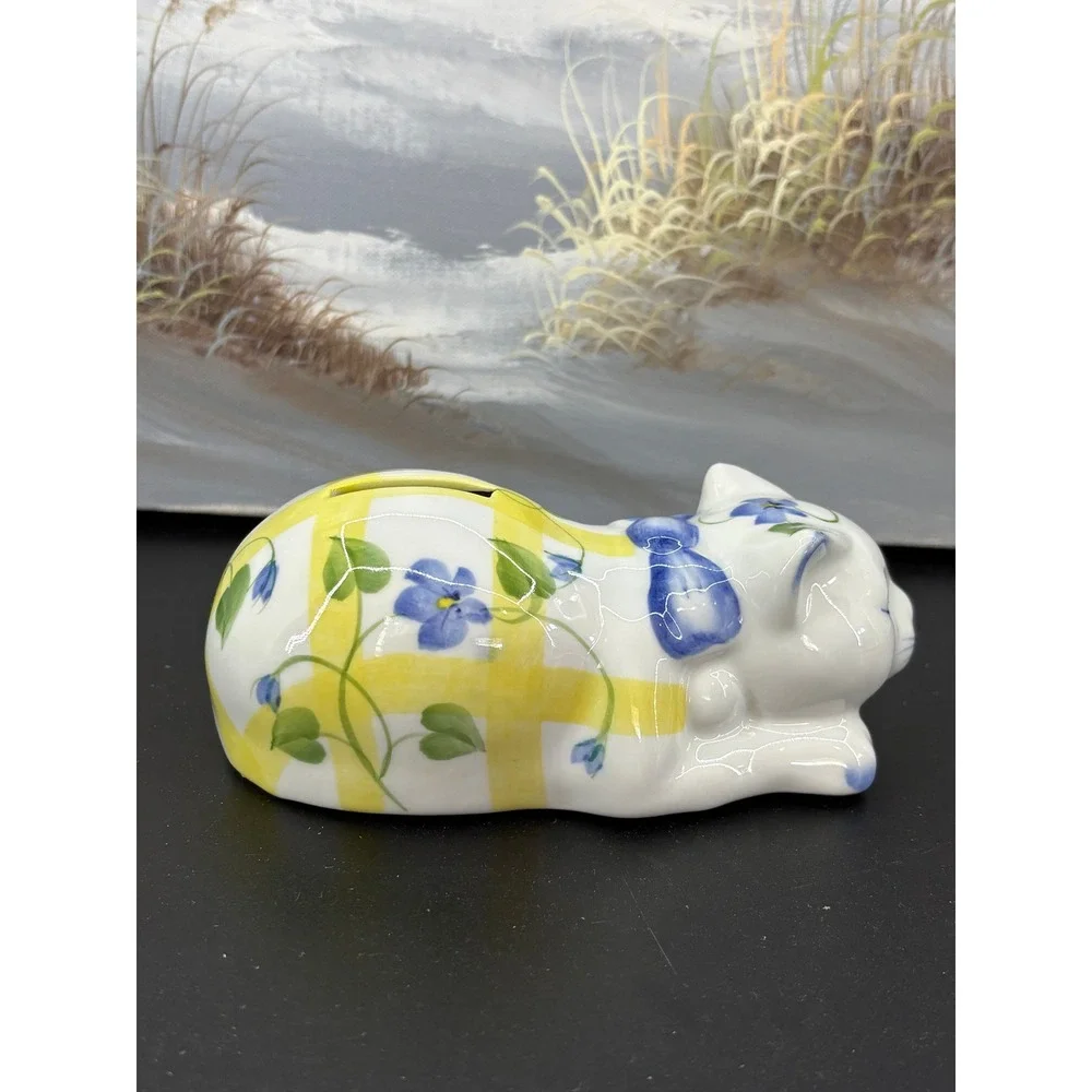 Vintage Ceramic Sleeping Cat Piggy Bank Blue Floral Yellow Gingham Figurine
